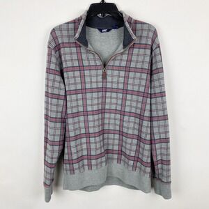 Lands End Mens Plaid Quarter Zip Pullover Sweatshirt Size L Gray Red Blue‎